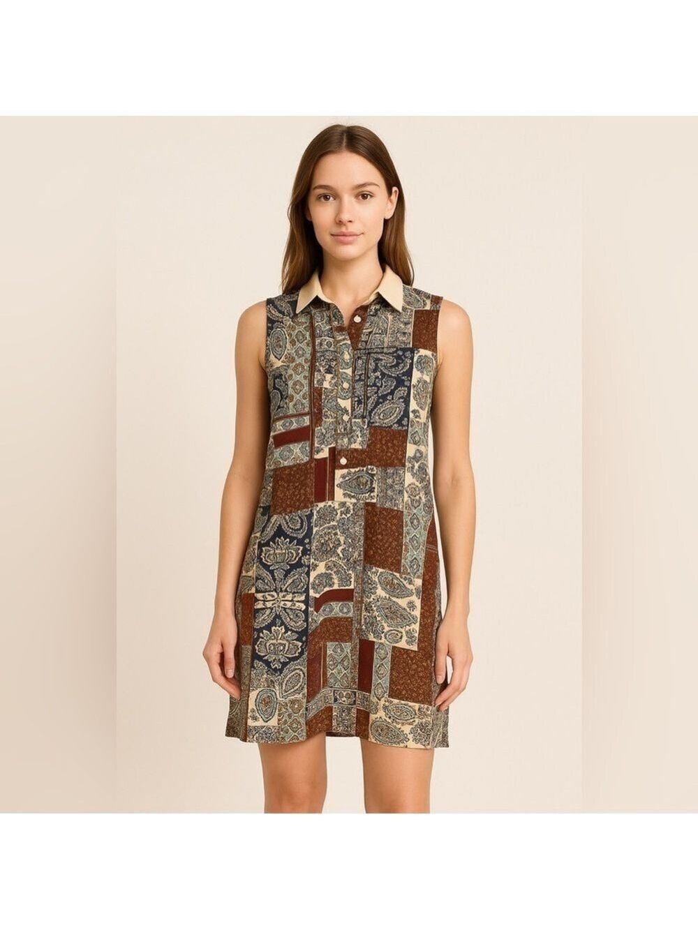 Simply Noelle Blue and Brown Sheer Patchwork Dress Size S/M